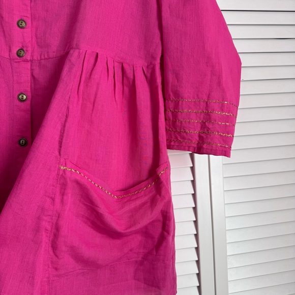 Gudrun Sjoden Linen Blend Pink Oversized Tunic Dress Gold Embroidery Medium NWT - Picture 2 of 7